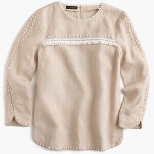 J Crew Linen Embroidered French Knot Oatmeal Tan White Top Blouse Size 6